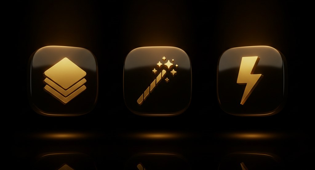 HNK panel — layer, wand, bolt dimensional icons